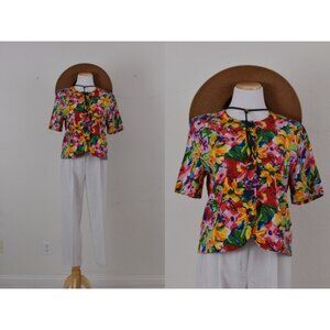 Vintage 90s Cotton/Rayon Boxy Fit‎ Short Sleeves Crop Floral Shirt size Medium